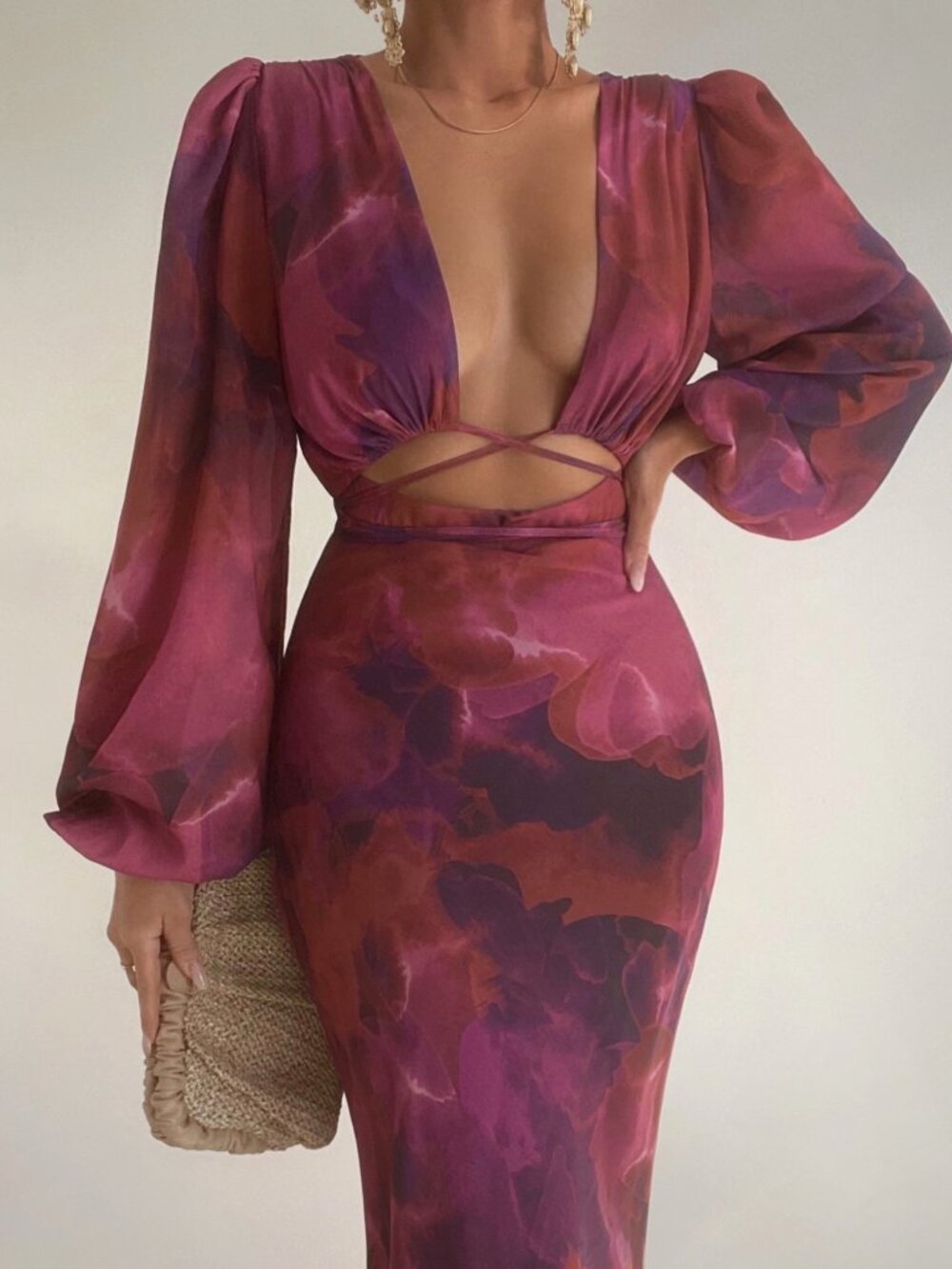 ShowPo Artola Midi Dress - Front Cut Out Long Sleeve Dress In Blurred Dreams